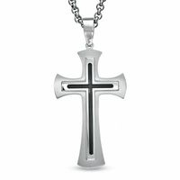 Men's Stainless Steel Cross Pendant with Black Resin Inlay - 24"