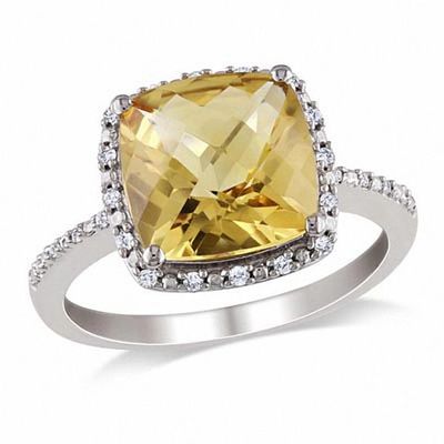 Cushion-Cut Citrine and 1/10 CT. T.w. Diamond Frame Ring Sterling Silver