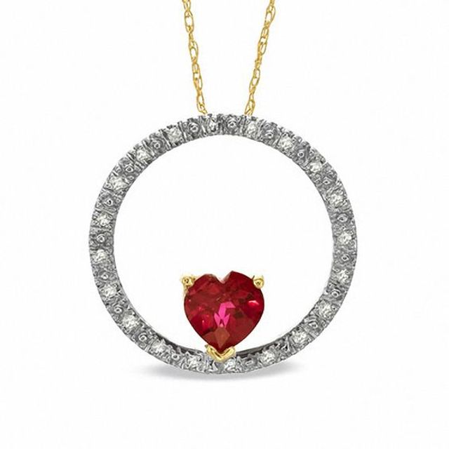 Heart-Shaped Lab-Created Ruby and 1/10 CT. T.w. Diamond Circle Pendant in 10K Gold