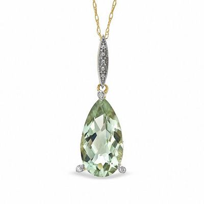 Pear-Shaped Green Quartz and Diamond Accent Drop Pendant in 10K Gold