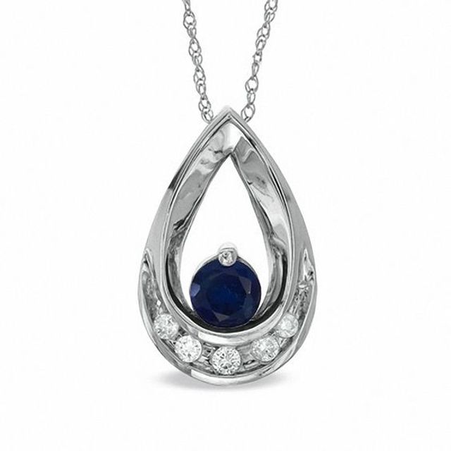 Lab-Created Blue Sapphire and Diamond Accent Teardrop Pendant in 10K White Gold