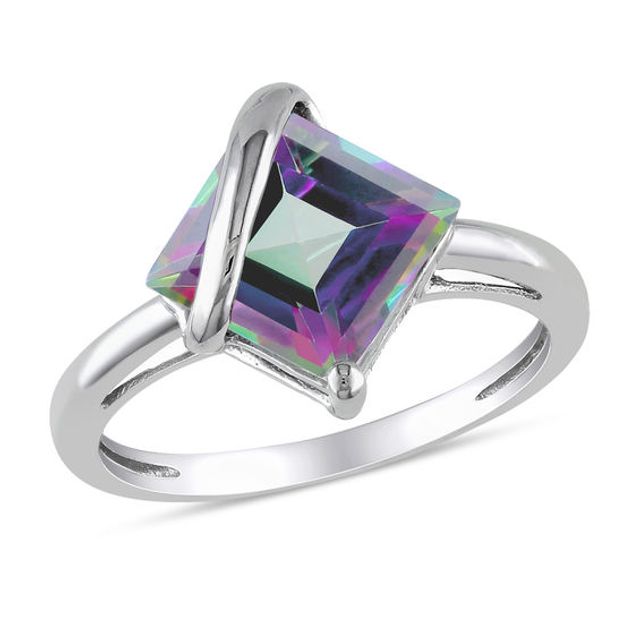 Princess-Cut Rainbow Green Topaz Overlay Ring 10K White Gold