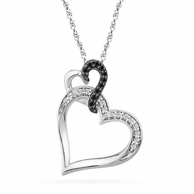 1/15 CT. TW. Enhanced Black and White Diamond Tilted Double Heart Pendant in Sterling Silver