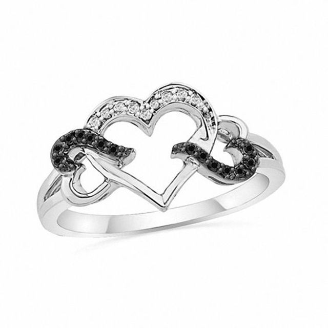 1/20 CT. T.w. Enhanced Black and White Diamond Triple Heart Ring in Sterling Silver