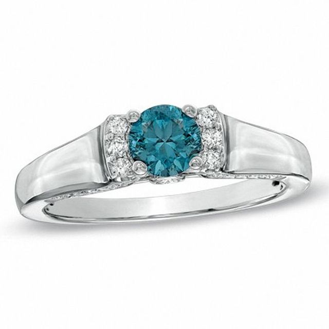 3/4 CT. T.w. Enhanced Blue and White Diamond Engagement Ring in 14K White Gold