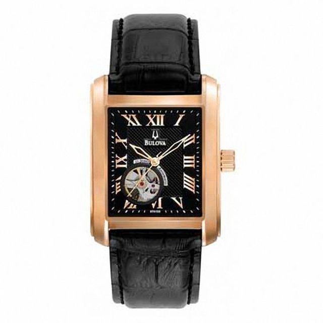 Men's Bulova BVA-Series 160 Automatic Rose-Tone Watch with Rectangular Black Dial (Model: 97A105)