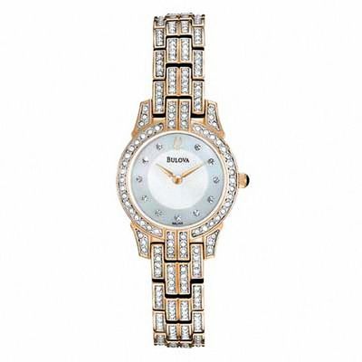 Ladies' Bulova Crystal Accent Rose-Tone Watch with Mother-of-Pearl Dial (Model: 98L155)