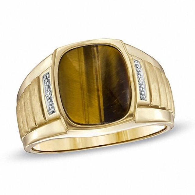 Men's Cushion-Cut Tiger's Eye and Diamond Accent Ring in 10K Gold