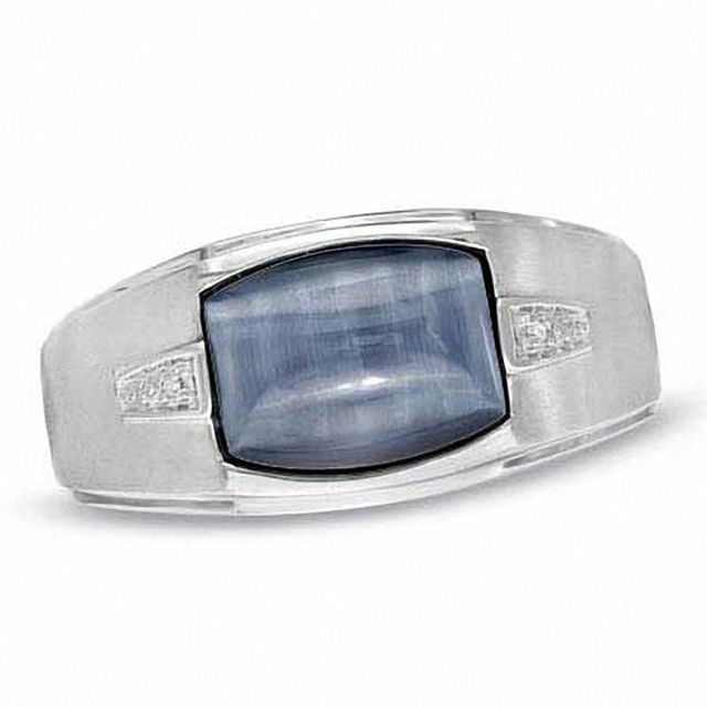 Men's Cushion-Cut Simulated Grey Hawks Eye and Diamond Accent Ring in 10K White Gold