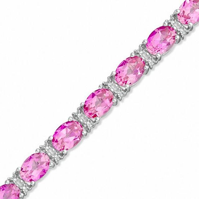 Oval Lab-Created Pink Sapphire and Diamond Accent Bracelet in Sterling Silver - 7.25"