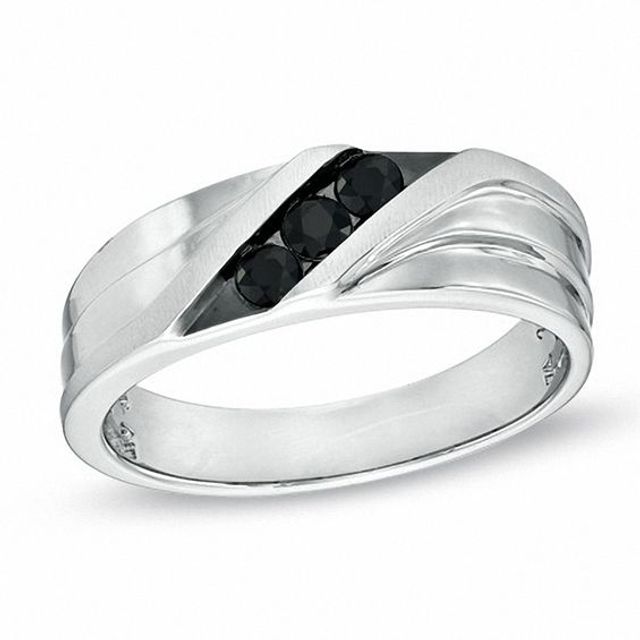 Men's Black Sapphire Three Stone Slant Band in 10K White Gold
