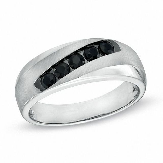 Men's Black Blue Sapphire Five Stone Slant Band in 10K White Gold