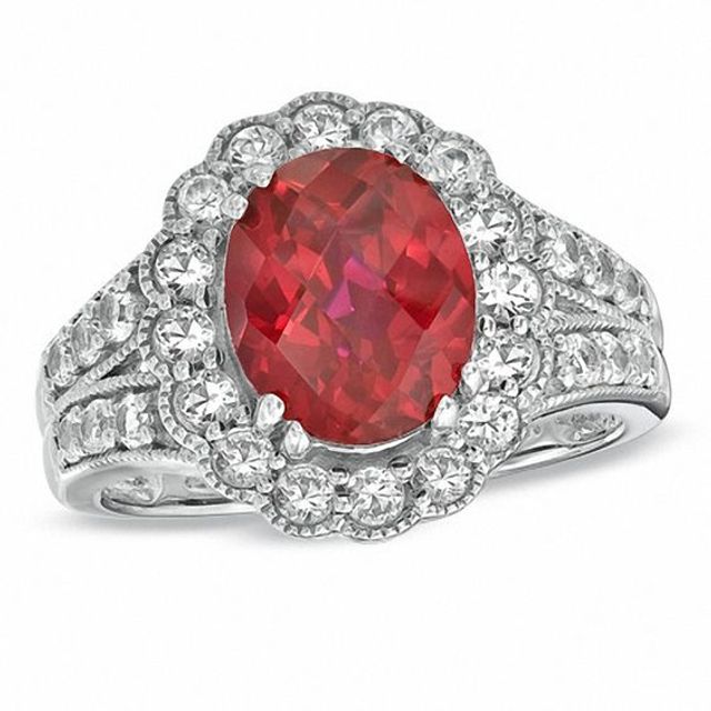 Zales Oval Lab-Created Ruby and Diamond Accent Three Stone Ring in 10K  White Gold | Hamilton Place
