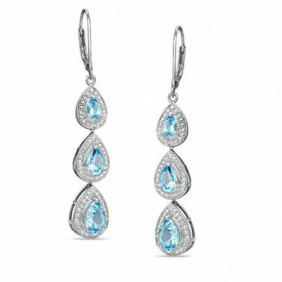 Pear-Shaped Blue Topaz and Diamond Accent Three Tier Drop Earrings in Sterling Silver