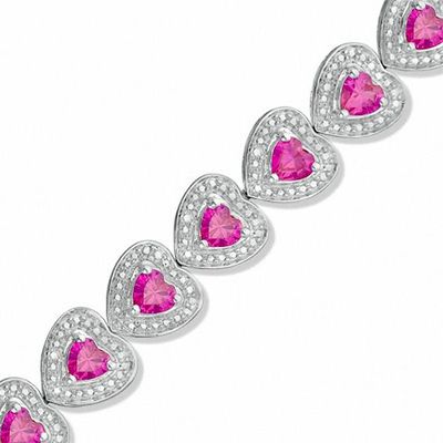 Heart-Shaped Lab-Created Ruby and Diamond Accent Bracelet in Sterling Silver - 7.25"