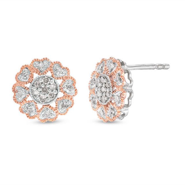 1/5 CT. T.w. Diamond Flower Heart-Petal Stud Earrings in Sterling Silver and 10K Rose Gold