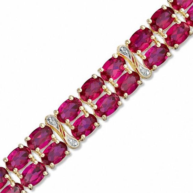 Oval Lab-Created Ruby and Diamond Accent Double Row Bracelet in 14K Gold Vermeil - 7.25"