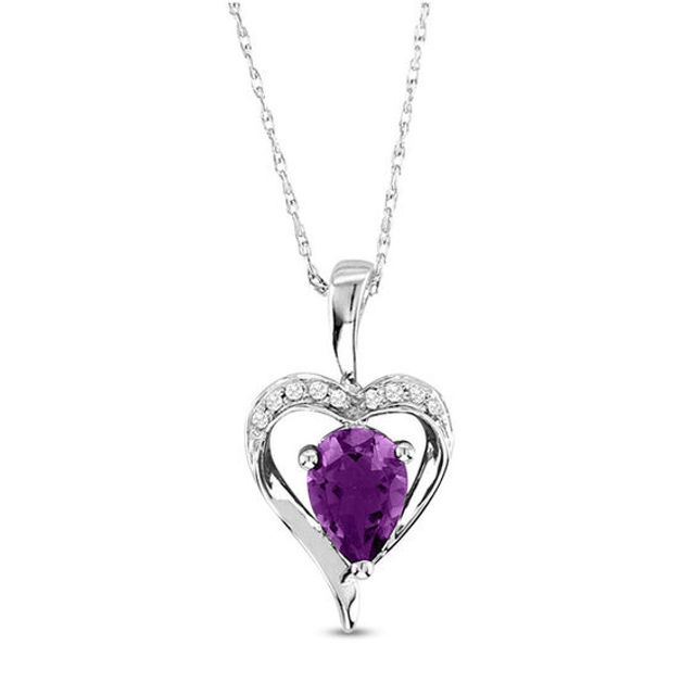 Pear-Shaped Amethyst and Diamond Accent Heart Pendant in 14K White Gold