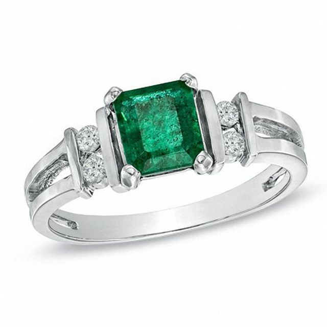 Emerald-Cut Emerald and 1/10 CT. T.w. Diamond Engagement Ring in 14K White Gold