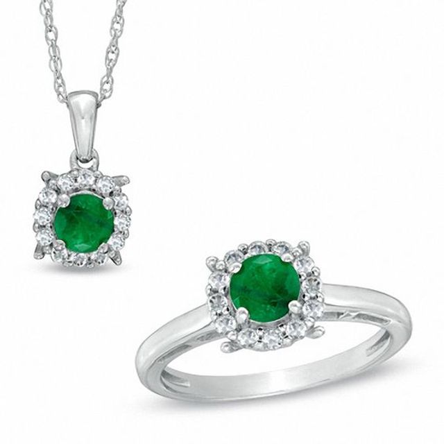 5.0mm Emerald and Lab-Created White Sapphire Frame Ring and Pendant Set in Sterling Silver - Size 7