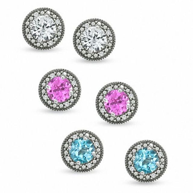 Blue Topaz, Lab-Created Pink Sapphire and White Sapphire Earrings Set in Sterling Silver