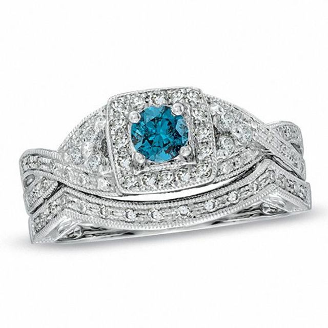 1/2 CT. T.w. Enhanced Blue and White Diamond Vintage-Style Bridal Set in 14K White Gold