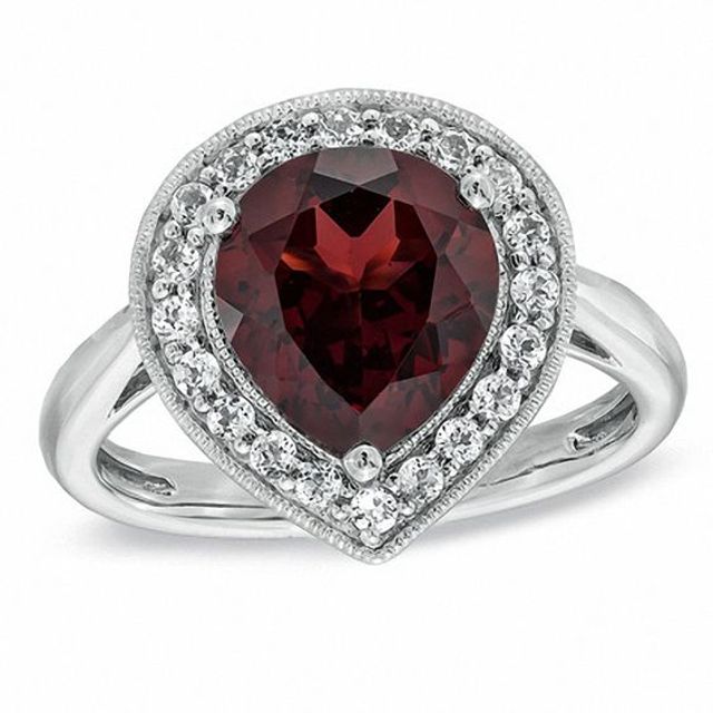 Pear-Shaped Garnet and Lab-Created White Sapphire Frame Ring in Sterling Silver