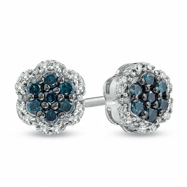 1/4 CT. T.w. Enhanced Blue and White Diamond Flower Stud Earrings in Sterling Silver