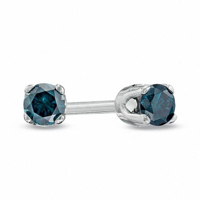 Enhanced Blue Diamond Accent Solitaire Stud Earrings in 14K White Gold