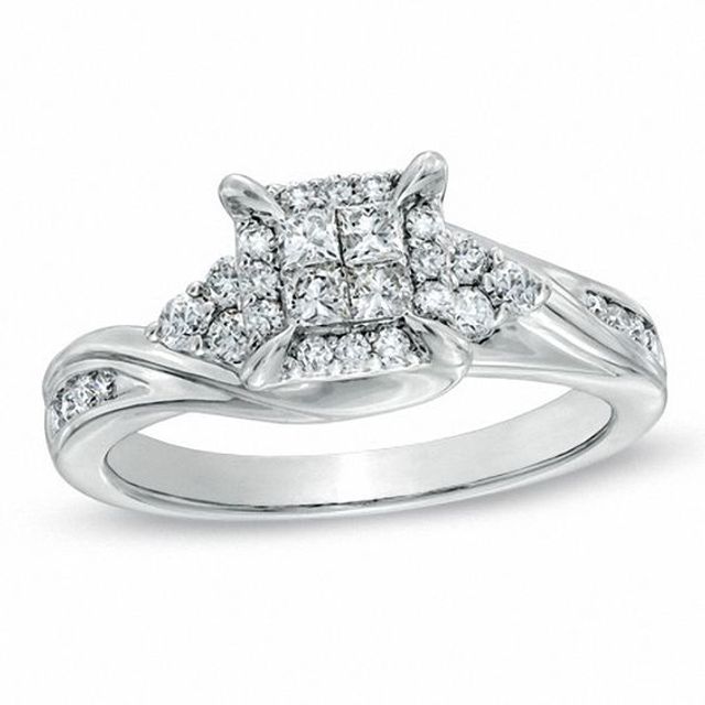 1/2 CT. T.w. Princess-Cut Quad Diamond Swirl Engagement Ring in 10K White Gold