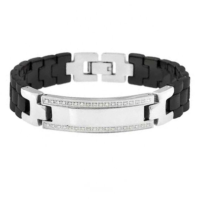 Men's 1/4 CT. T.w. Diamond Stainless Steel and Black Ceramic ID Bracelet - 8.5"