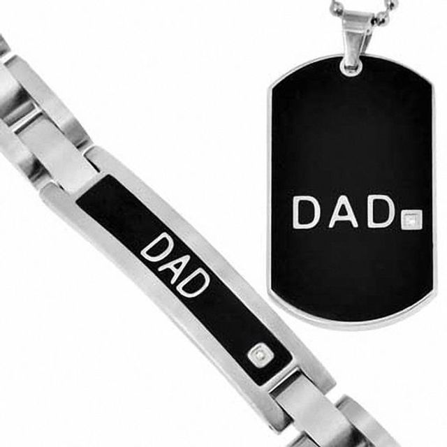 Men's Diamond Accent "Dad" Pendant and Bracelet Set in Two-Tone Stainless Steel - 8.5"