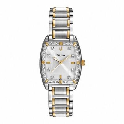Ladies' Bulova Diamond Accent Two-Tone Watch with Tonneau Mother-of-Pearl Dial (Model: 98R159)