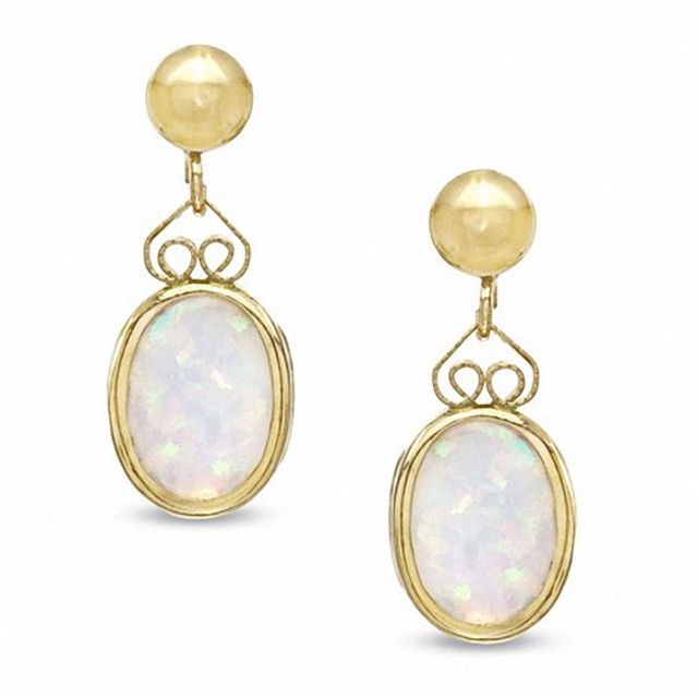 Oval Lab-Created Opal Drop Earrings in 14K Gold