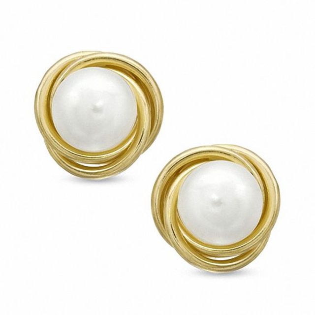 6.0mm Freshwater Cultured Pearl Knot Earrings in 14K Gold