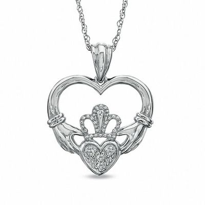 Diamond Accent Claddagh Heart Pendant in 10K White Gold