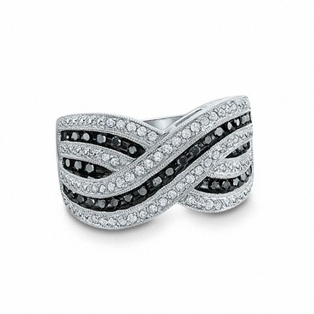 1/2 CT. T.w. Enhanced Black and White Diamond Criss-Cross Ring in Sterling Silver