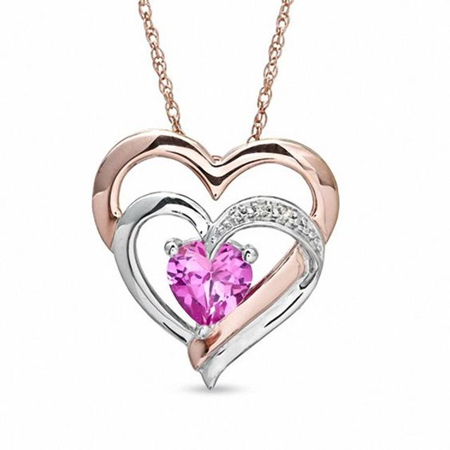 7.0mm Lab-Created Pink Sapphire and Diamond Accent Double Heart Pendant in Sterling Silver with 14K Rose Gold Plate