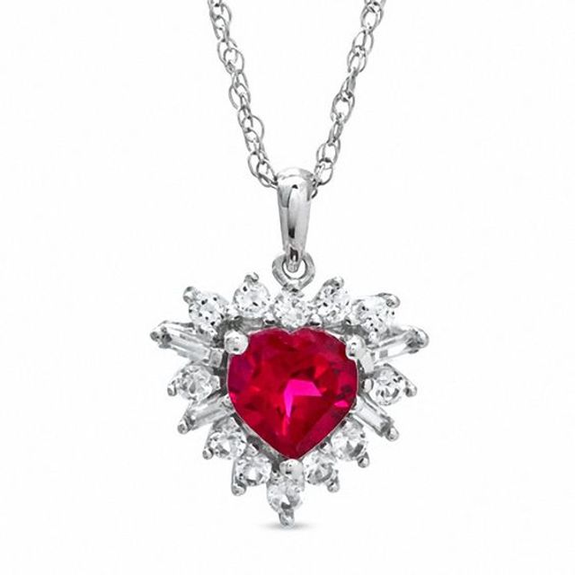 7.0mm Lab-Created Ruby and White Sapphire Frame Heart Pendant in Sterling Silver