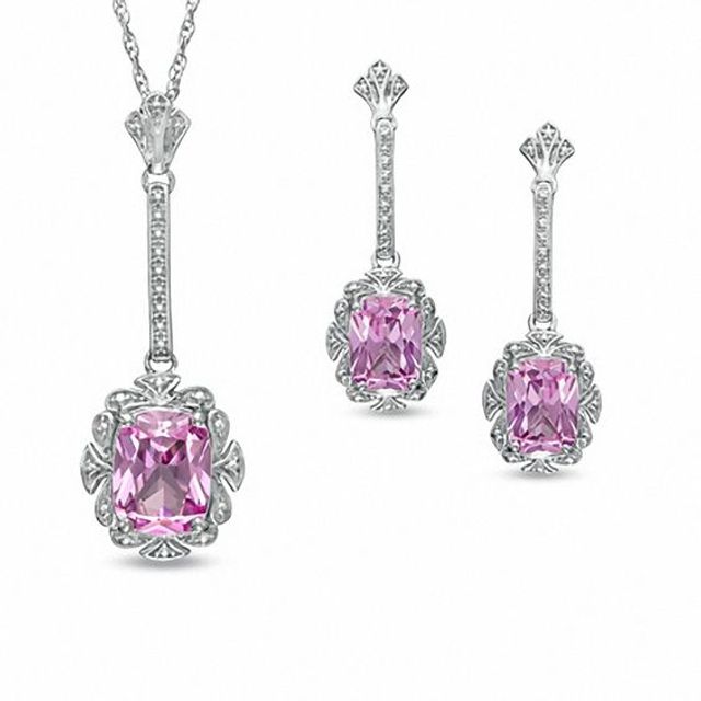 Cushion-Cut Lab-Created Pink Sapphire Pendant and Earrings Set in Sterling Silver