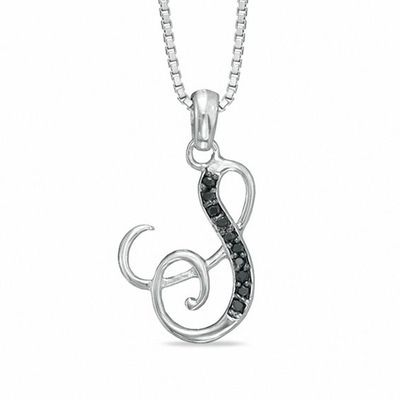 Black Diamond Accent "S" Initial Pendant in Sterling Silver