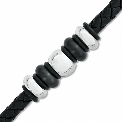 Men's Black Braided Leather and Two-Tone Stainless Steel Bead Bracelet - 8.75"
