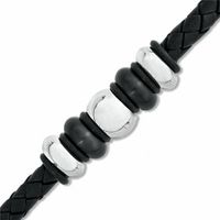 Men's Black Braided Leather and Two-Tone Stainless Steel Bead Bracelet - 8.75"