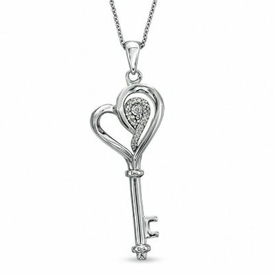 1/20 CT. T.w. Diamond Tilted Heart Key Pendant in Sterling Silver