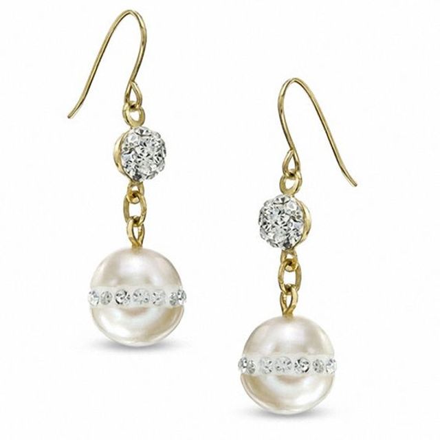 8.0mm Freshwater Cultured Pearl and Crystal Drop Earrings in 14K Gold