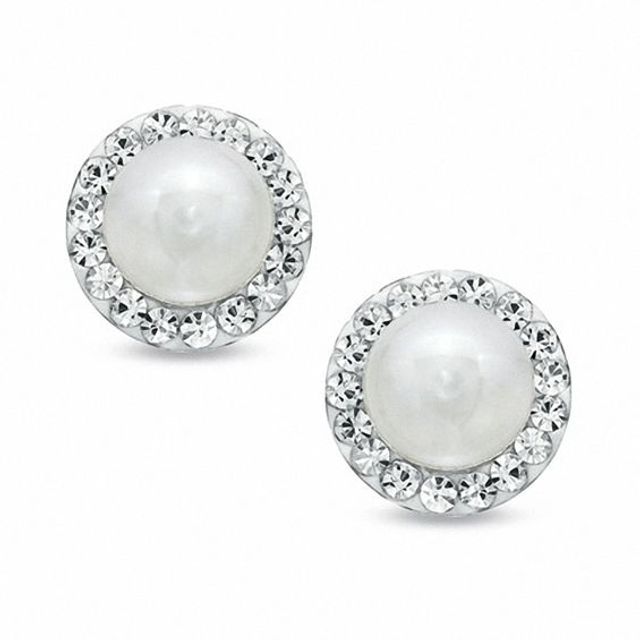 5.75mm Freshwater Cultured Pearl and Crystal Button Earrings in 14K Gold