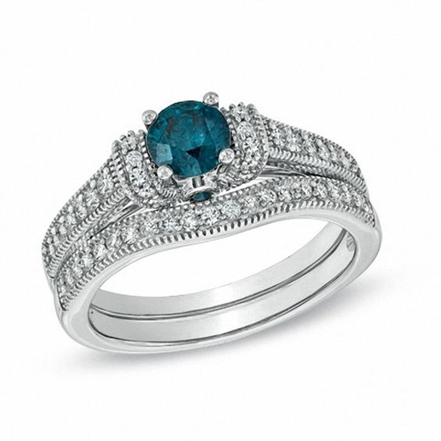 1 CT. T.w. Enhanced Blue and White Diamond Vintage-Style Bridal Set in 14K White Gold