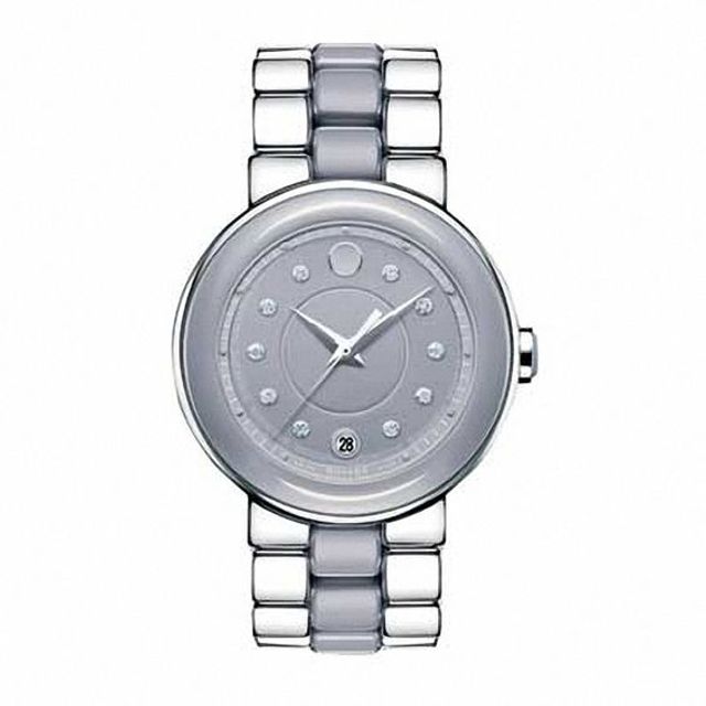 Ladies' Movado Cerena Diamond Accent Stainless Steel and Ceramic Watch with Smoky Lilac Dial (Model: 0606554)