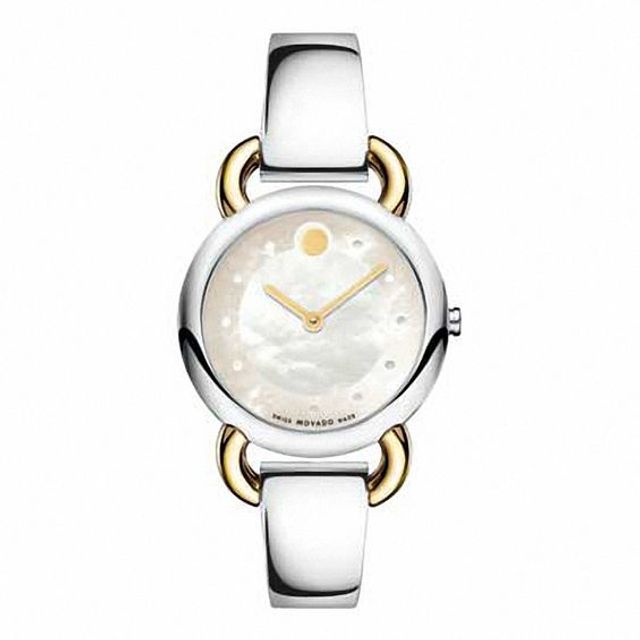 Ladies' Movado Linio Two-Tone Stainless Steel Bangle Watch with Mother-of-Pearl Dial (Model: 0606552)