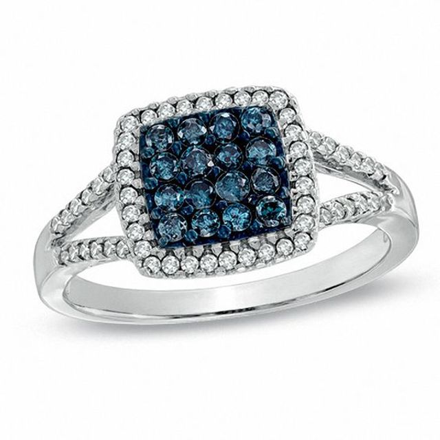 1/2 CT. T.w. Blue and White Diamond Square Frame Ring in 10K White Gold